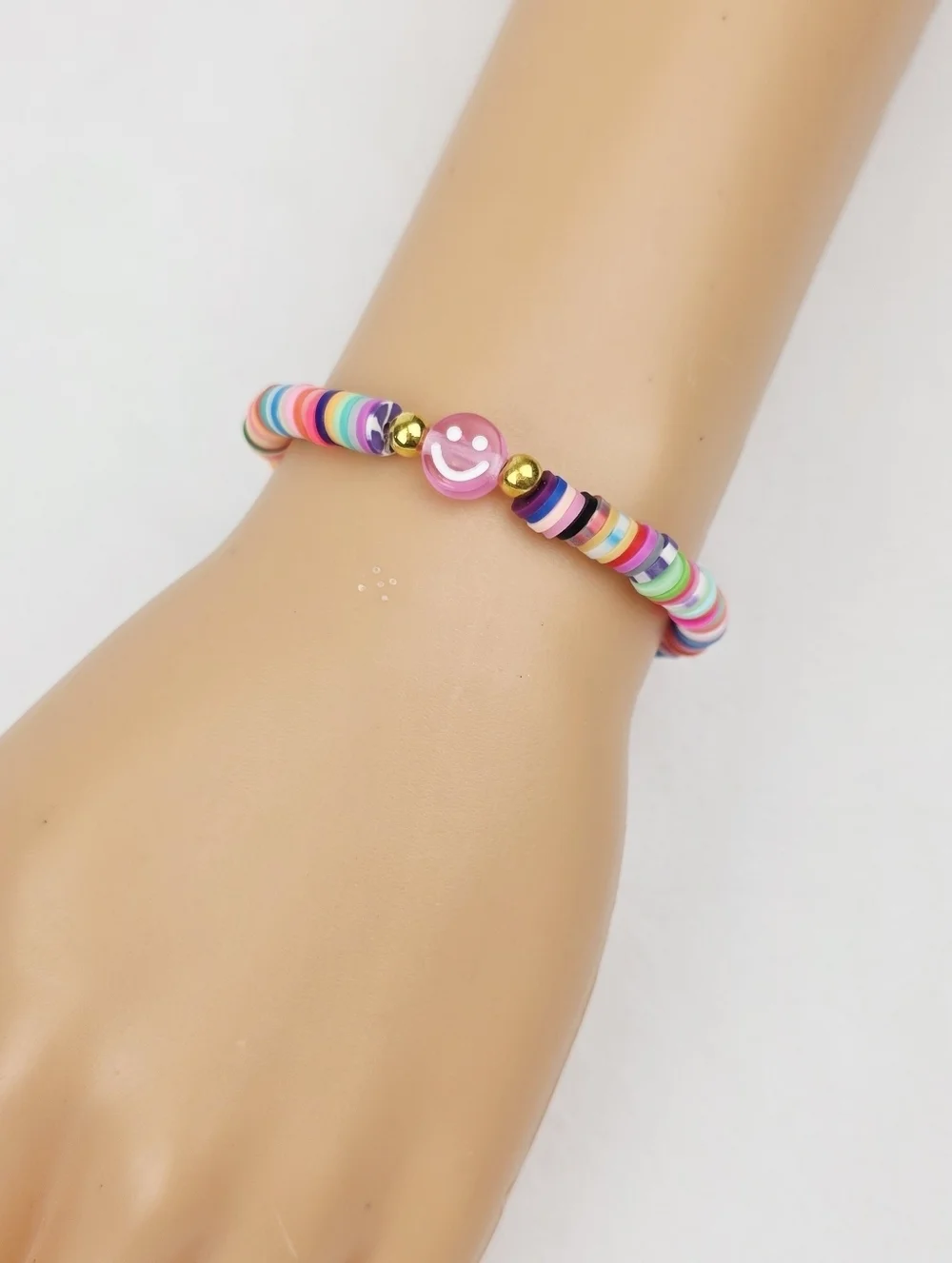 Handmade Clay Bead Multi Color Smiley Face  Bracelet